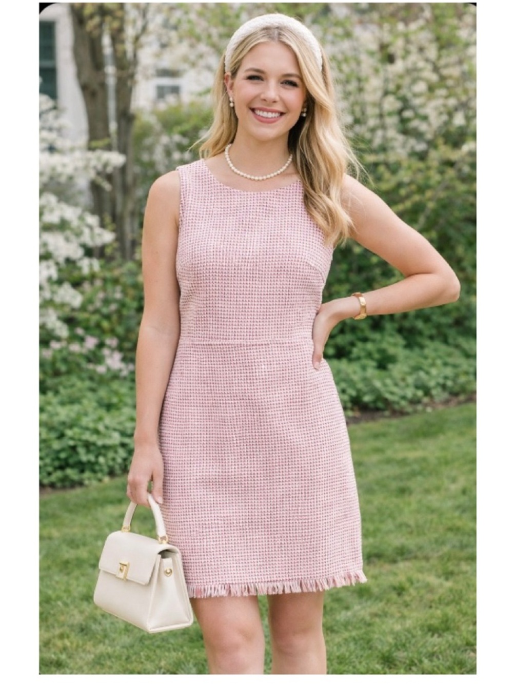 🪢 LOFT Pink Tweed Dress Fringe Hem Preppy Spring Shift Cotton Blend Chic 10